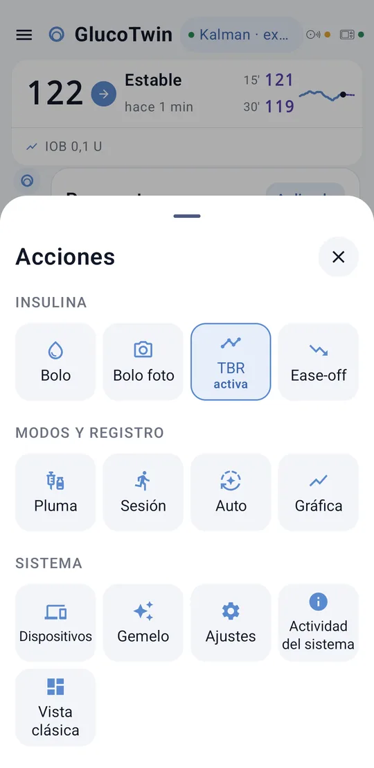 Menú de acciones de GlucoTwin