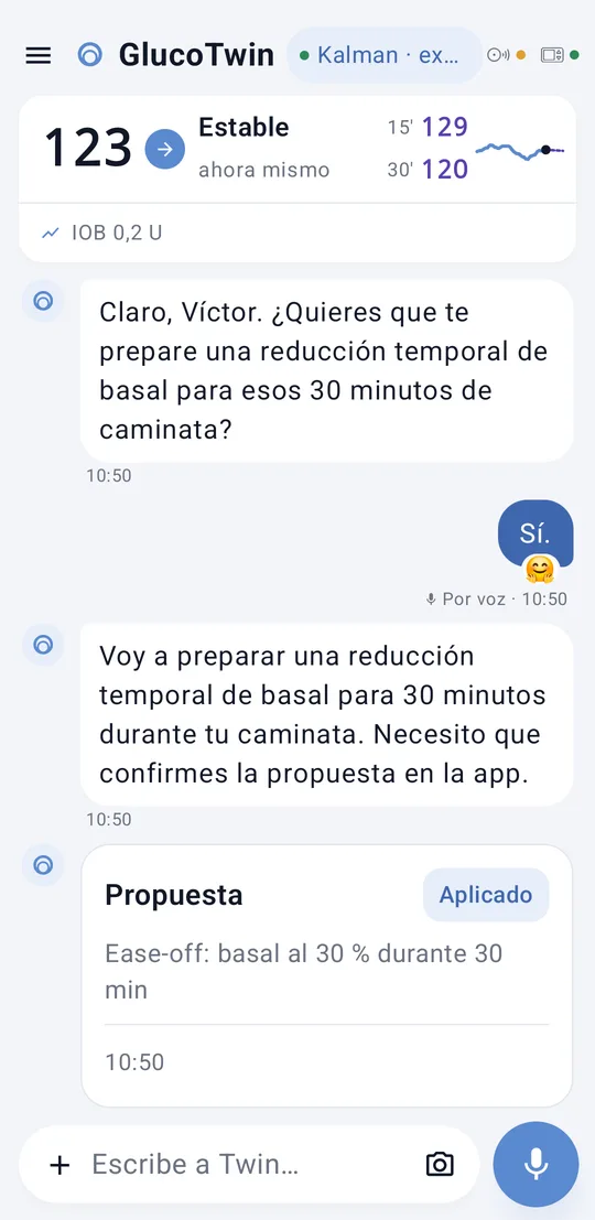 Chat de Twin con una propuesta de ease-off confirmada por voz