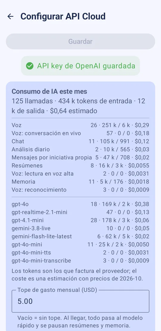 Consumo mensual de IA con tope de gasto